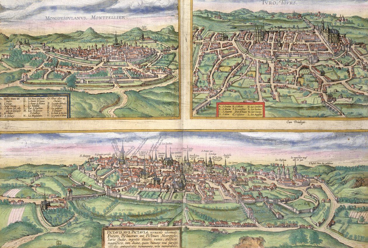 Mapa de Montpellier, Tours e Poitiers, de &39;Civitates Orbis Terrarum&39; por Georg Braun (1541-1622) e Frans Hogenberg (1535-90), c.1572 de Joris Hoefnagel