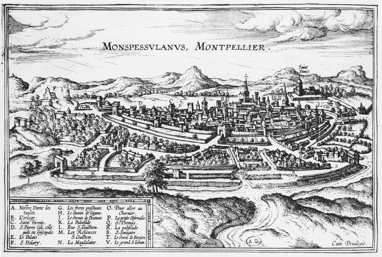 Mapa de Montpellier, de &39;Civitates Orbis Terrarum&39; por Georg Braun (1541-1622) e Frans Hogenberg (1535-90) Bruxelas, 1574 (ver também 121038) de Joris Hoefnagel