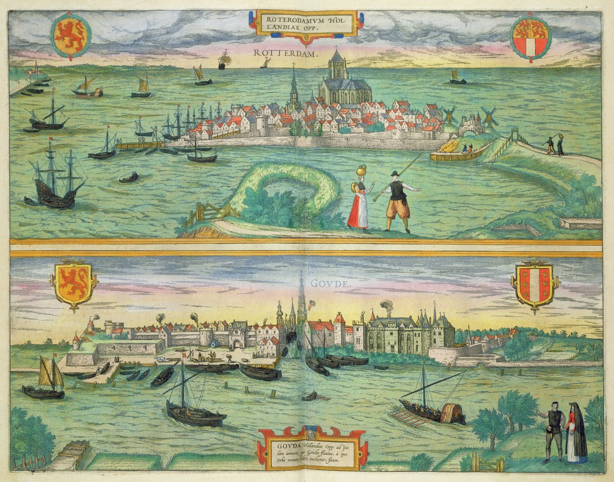 Mapa de Rotterdam e Gouda, de &39;Civitates Orbis Terrarum&39; por Georg Braun (1541-1622) e Frans Hogenberg (1535-90) c.1572-1617 de Joris Hoefnagel