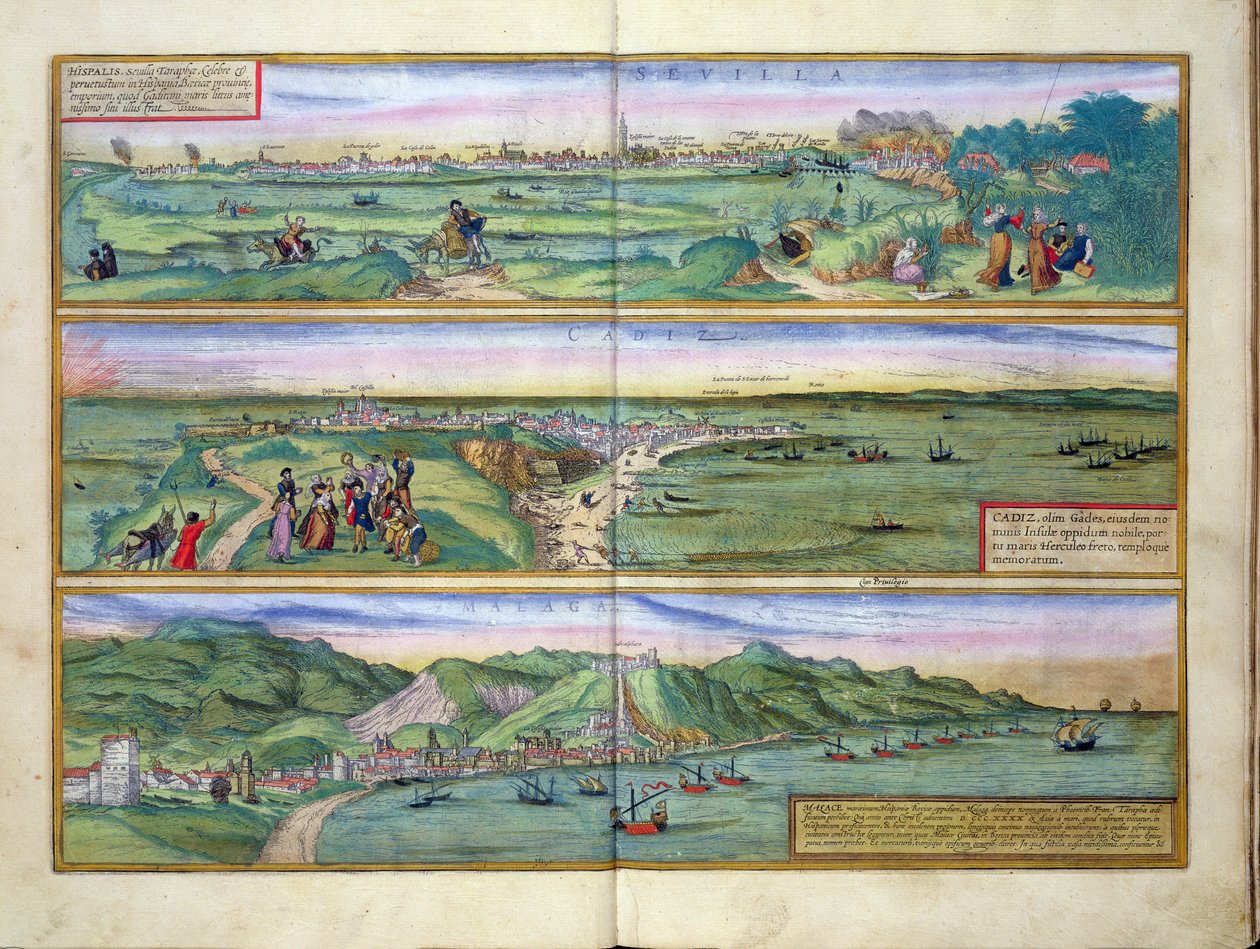 Mapa de Sevilha, Cádiz e Málaga, de &39;Civitates Orbis Terrarum&39; por Georg Braun (1541-1622) e Frans Hogenberg (1535-90), c.1572 de Joris Hoefnagel