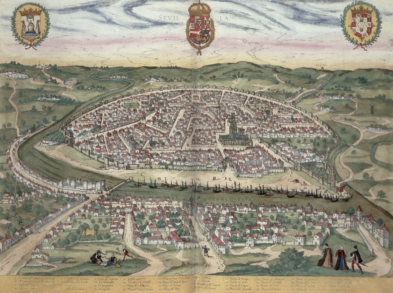 Mapa de Sevilha, de &39;Civitates Orbis Terrarum&39; por Georg Braun (1541-1622) e Frans Hogenberg (1535-90) c.1572-1617 de Joris Hoefnagel
