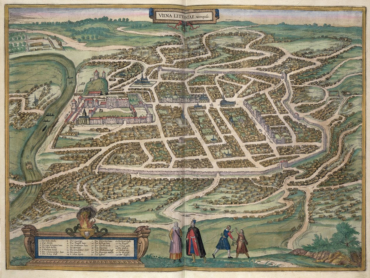 Mapa de Vilnius, na Lituânia, de &39;Mundo&39; pela Braun (1541-1622) e Franz Hogenbergh (1535-1590) c.1572-1617 de Joris Hoefnagel