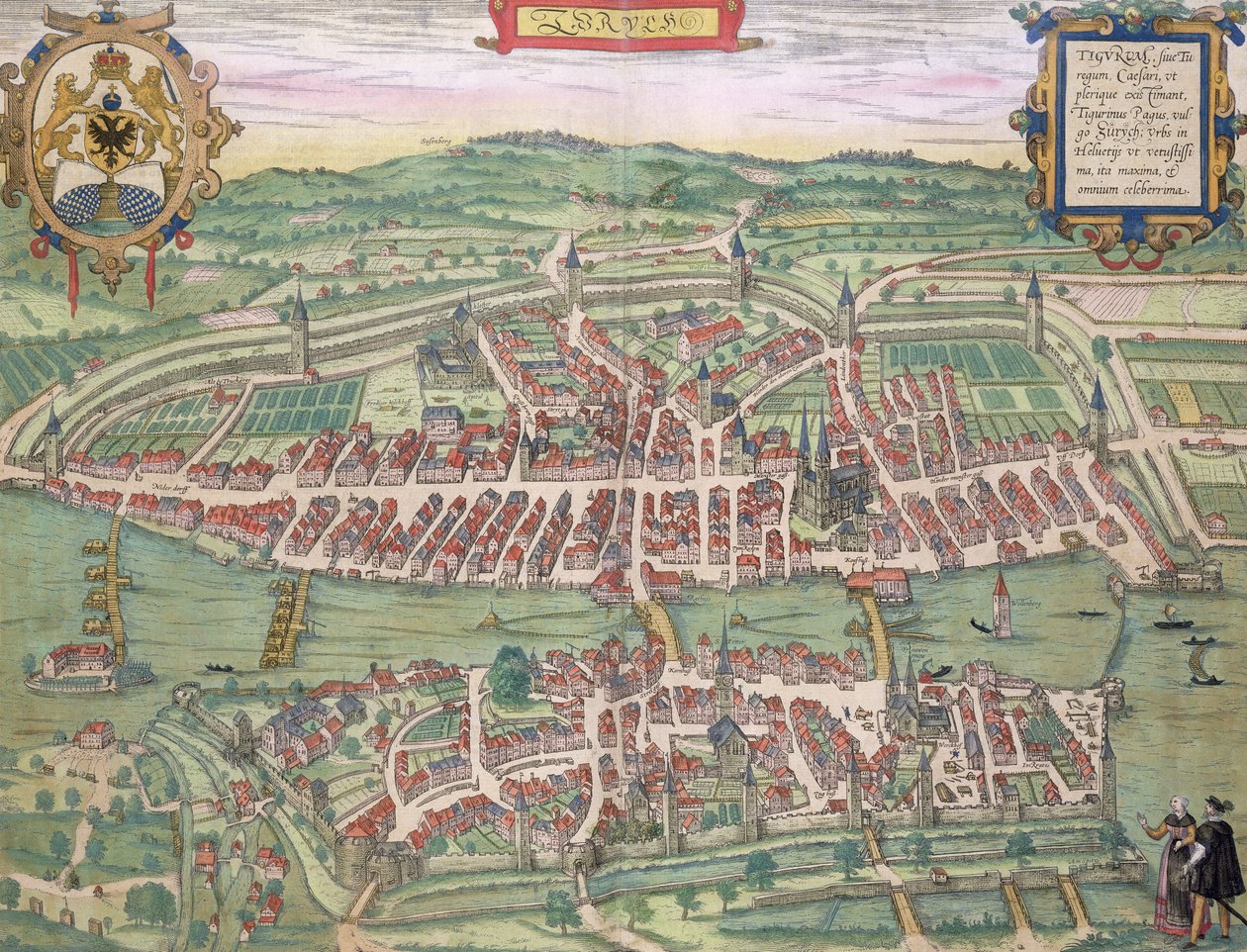 Mapa de Zurique, de &39;Civitates Orbis Terrarum&39; por Georg Braun (1541-1622) e Frans Hogenberg (1535-1590) c.1572-1617 de Joris Hoefnagel