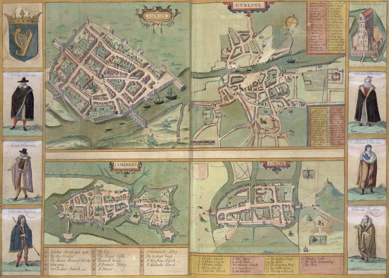 Mapas de Galway, Dublin, Limerick e Cork, de "Civitates Orbis Terrarum" por Georg Braun (1541-1622) e Frans Hogenberg (1535-90), c.1573 de Joris Hoefnagel
