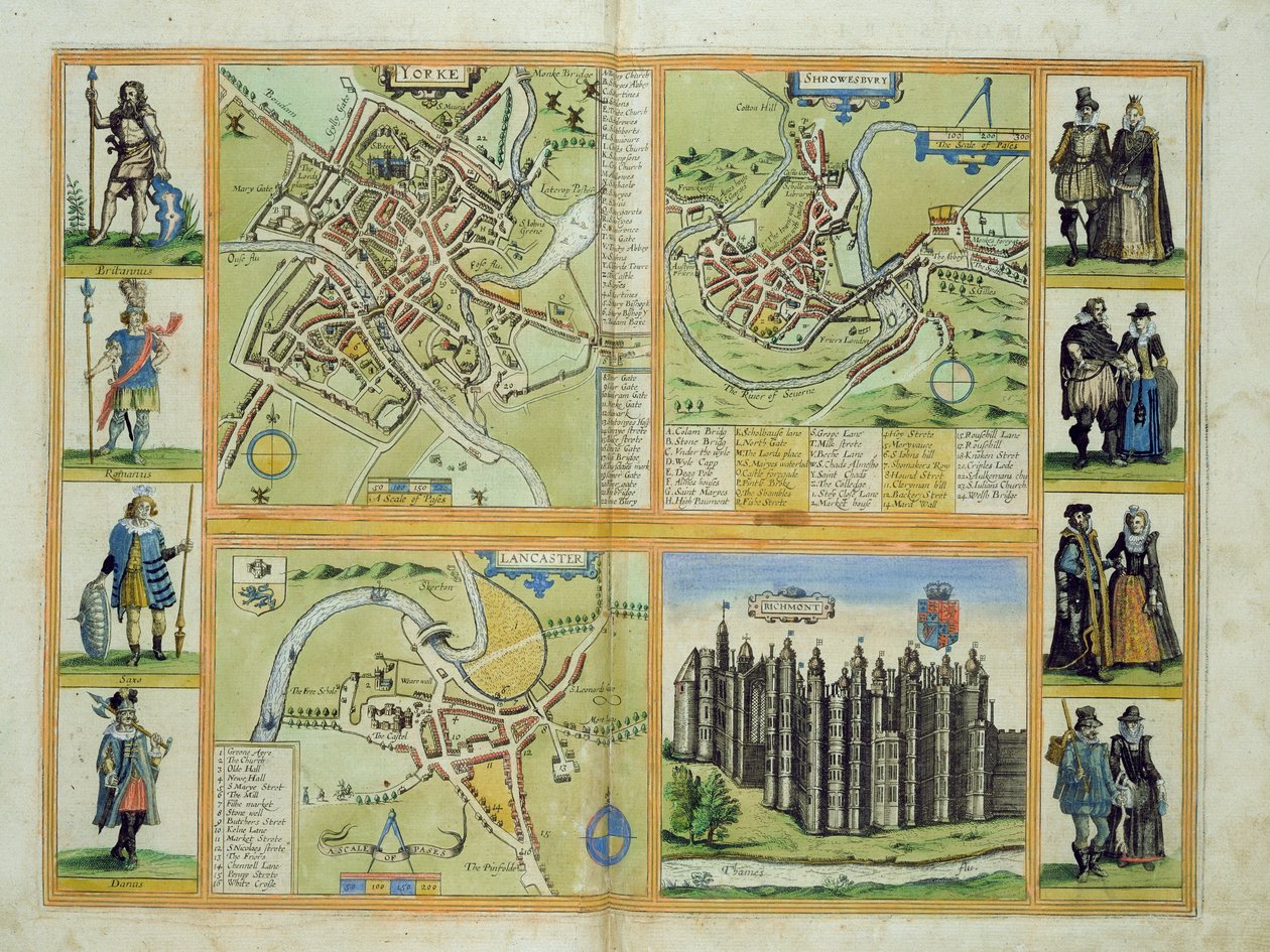 Mapas de York, Shrewsbury, Lancaster e Richmond, de "Civitates Orbis Terrarum" por Georg Braun (1541-1622) e Frans Hogenberg (1535-90) c.1572-1617 de Joris Hoefnagel