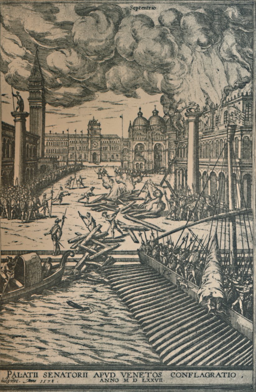 A queima do Palácio dos Doges, 1578, 1925. de Joris Hoefnagel