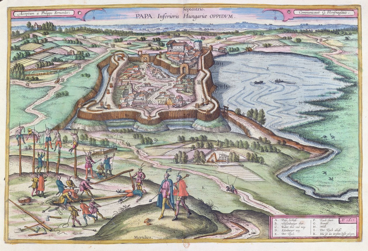 O forte húngaro de Papa na época dos cercos otomanos, de "Le Theatre du Monde", de Georg Braun (1541-1622), publicado em Colônia, 1572-1618, 1617 de Joris Hoefnagel