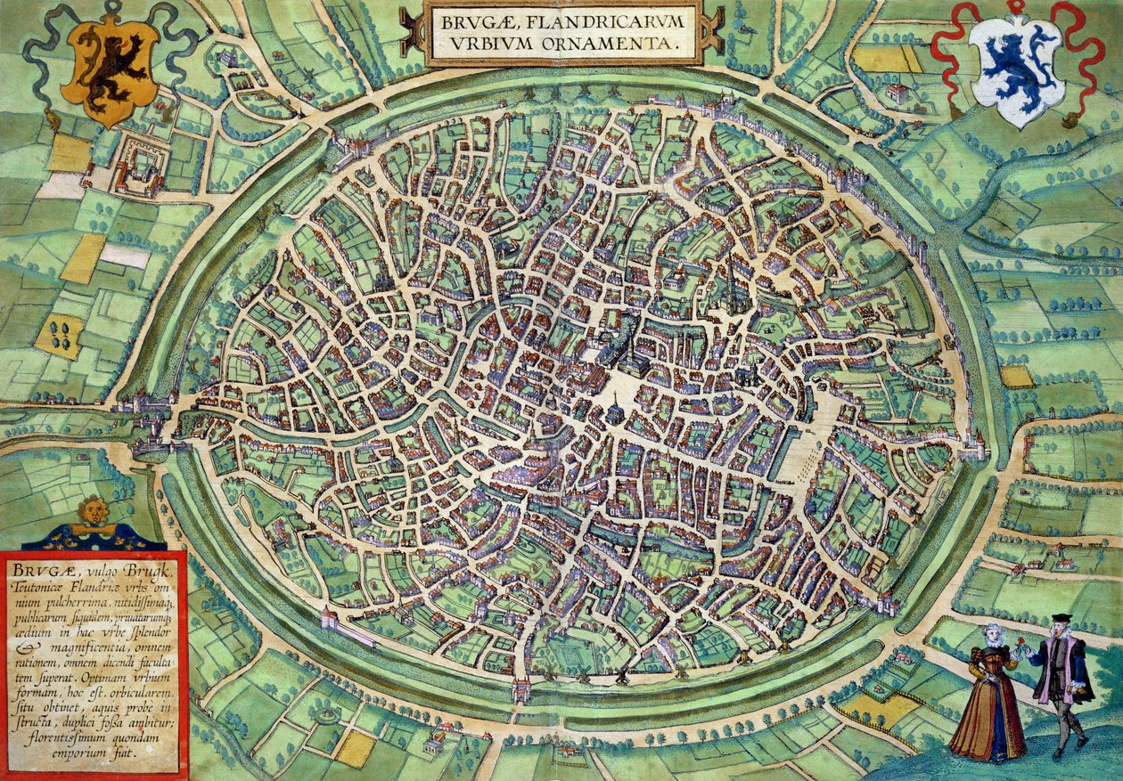 Mapa de Bruges a partir do &39;Mundo&39; pela Braun (1541-1622) e Frans Hogenberg (1535-1590), c.1572 de Joris Hoefnagel