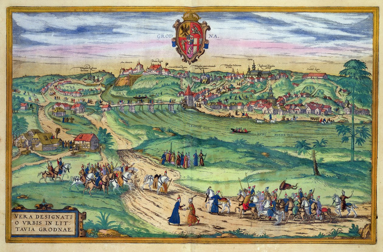 Plano de cidade de Grodno, de &39;Civitates Orbis Terrarum&39; por Georg Braun (1541-1622) e Frans Hogenberg (1535-90), c.1572 de Joris Hoefnagel