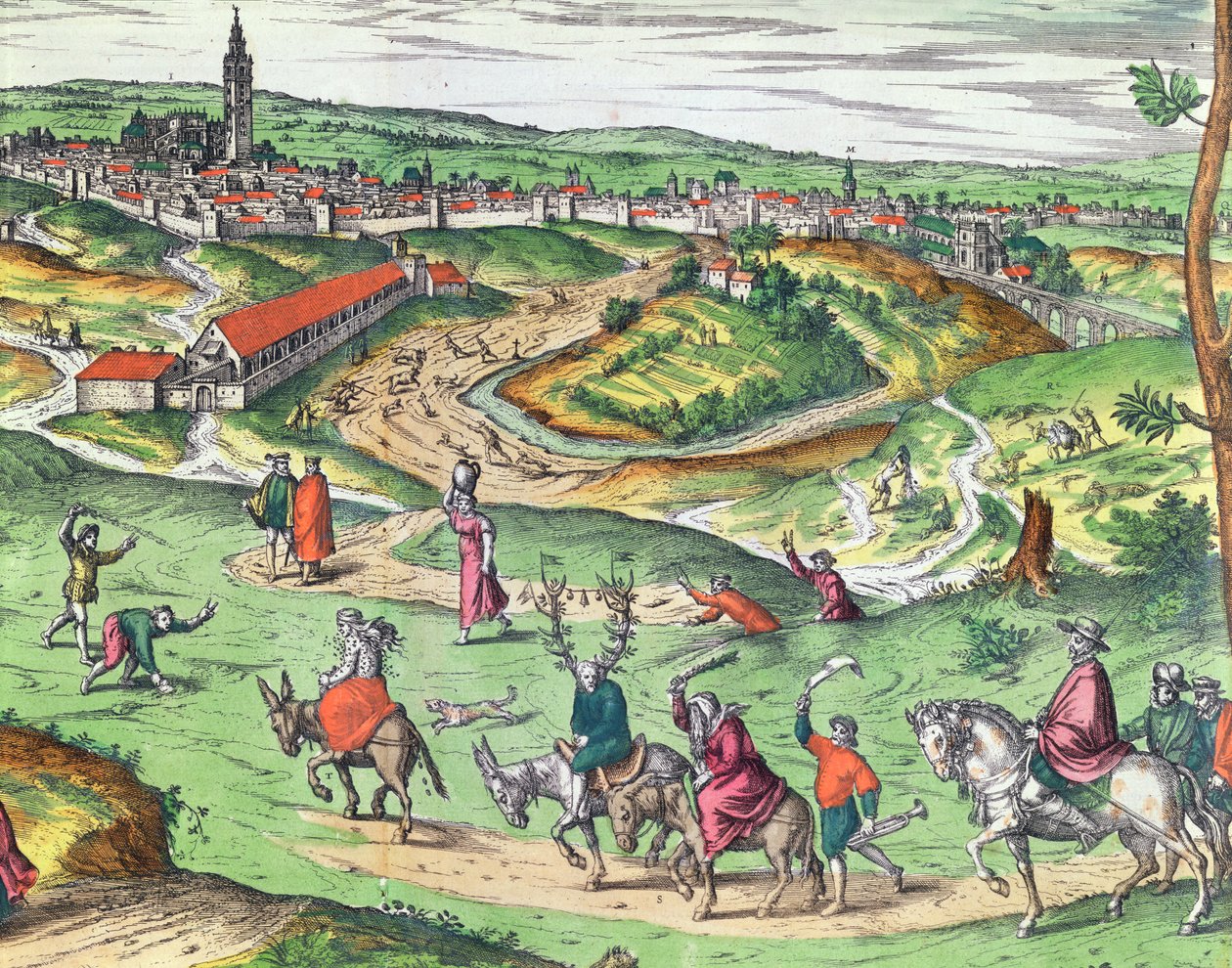Plano de cidade de Sevilha, de Civitates Orbis Terrarum por Georg Braun 1541-1622 e Frans Hogenberg 1535-90, 1593 detalhe gravado colorido de 121051 de Joris Hoefnagel