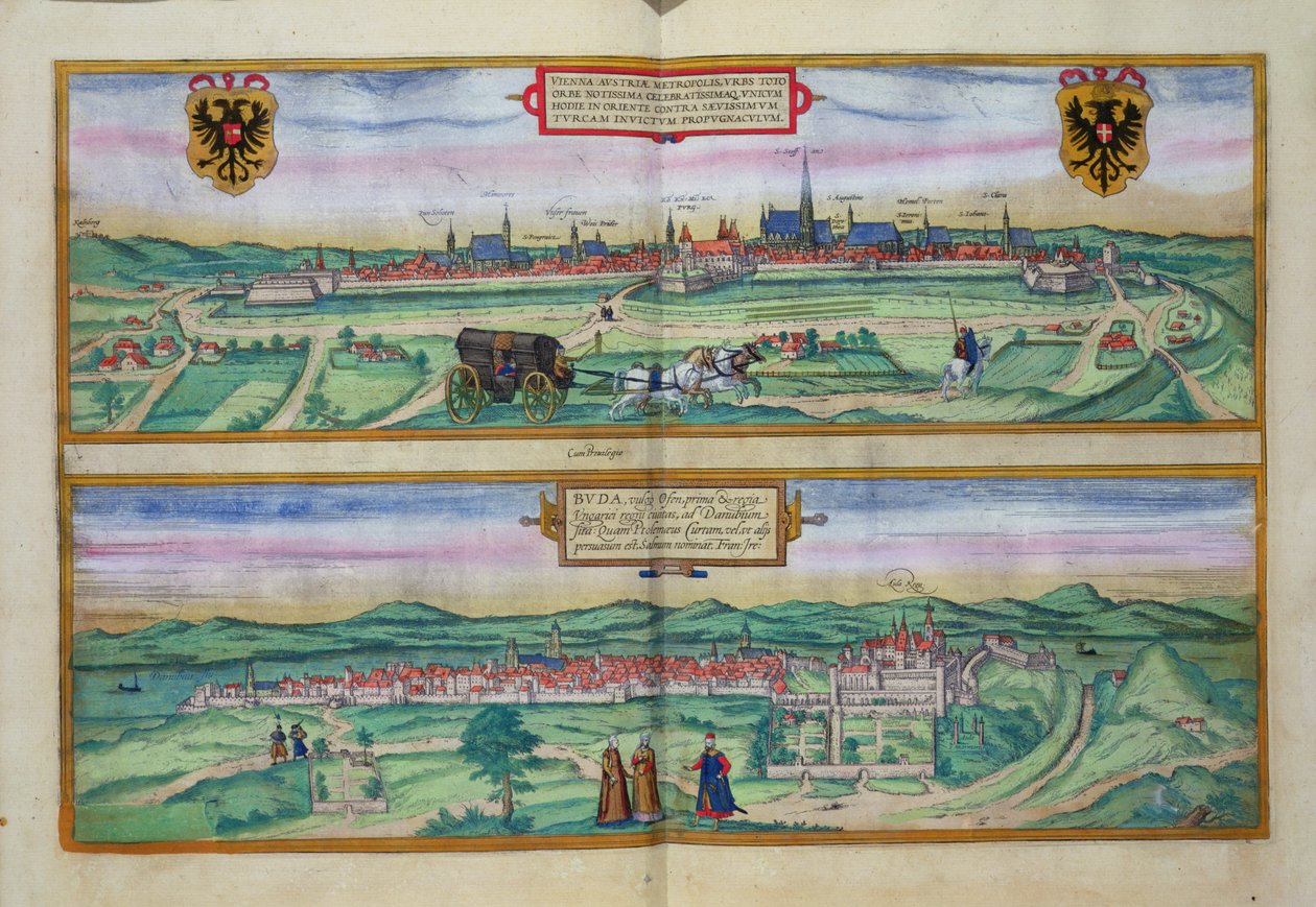 Plano da cidade de Viena e Buda, de &39;Civitates Orbis Terrarum&39; por Georg Braun (1541-1622) e Frans Hogenberg (1535-90), c.1572 de Joris Hoefnagel