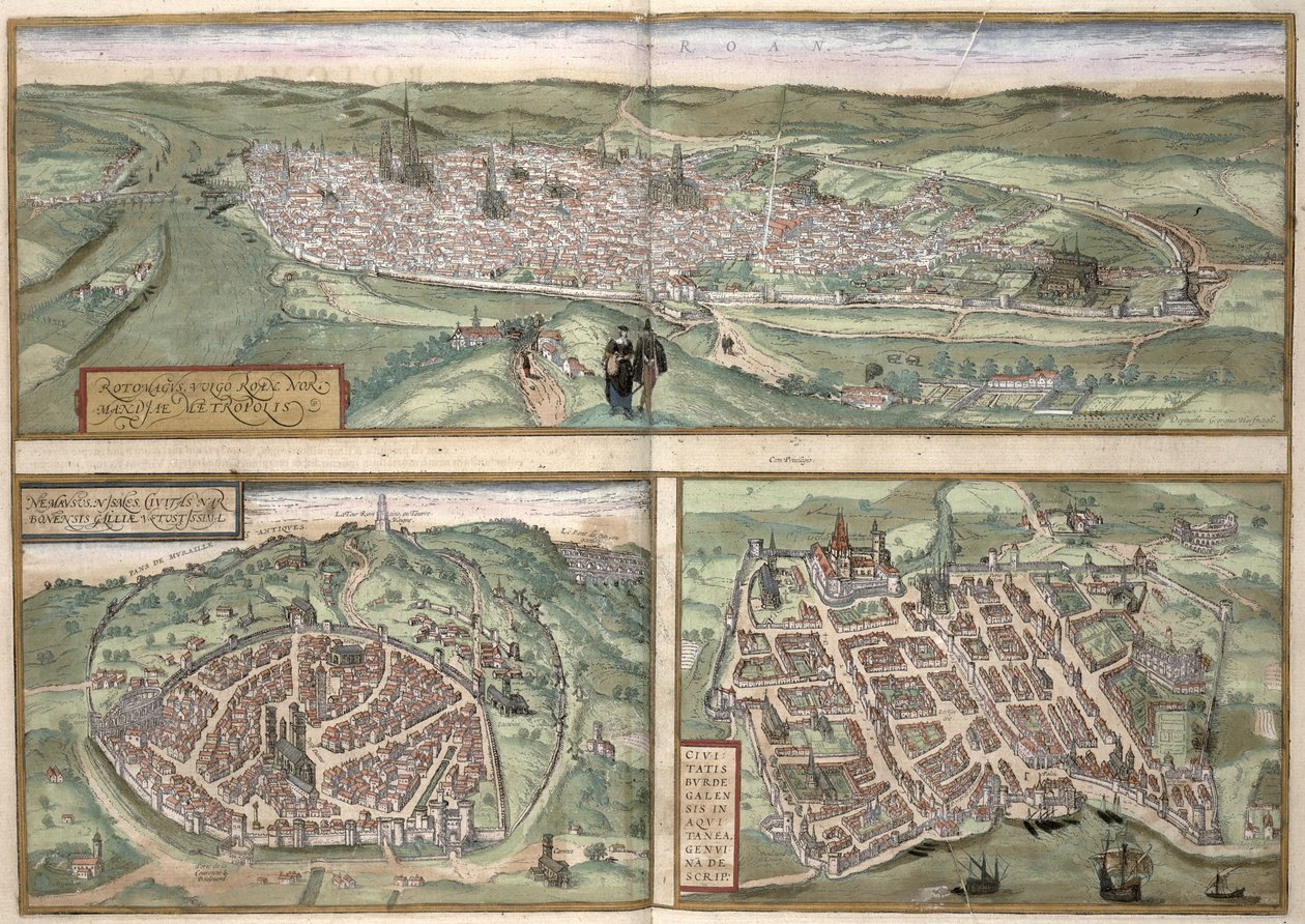 Planos urbanos de Rouen, Nimes e Bordeaux, de "Civitates Orbis Terrarum" por Georg Braun (1541-1622) e Frans Hogenberg (1535-90), c.1572 de Joris Hoefnagel