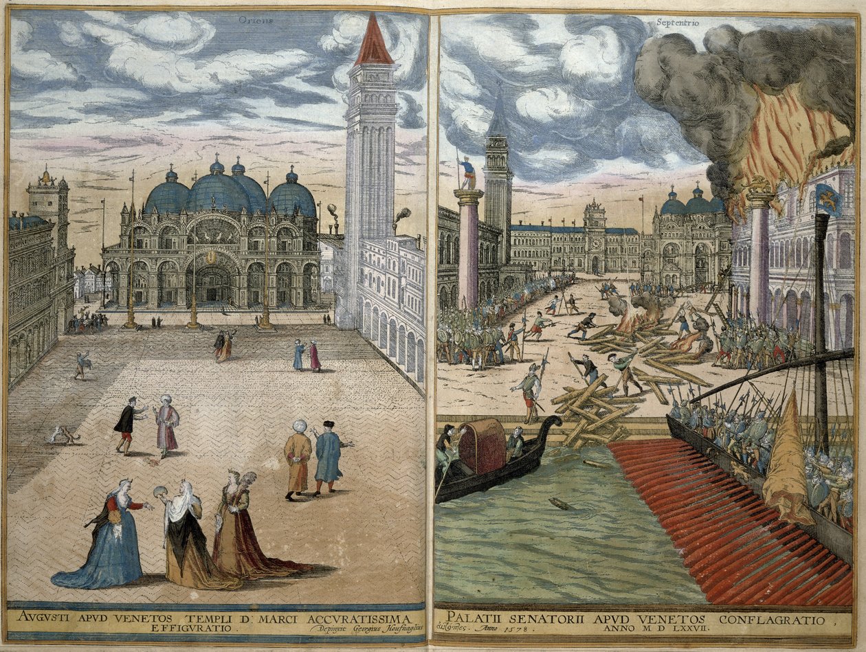 Vista de San Marco e do Palazzo Ducale em chamas, de &39;Civitates Orbis Terrarum&39; por Georg Braun (1541-1622) e Frans Hogenberg (1535-90) 1578 de Joris Hoefnagel