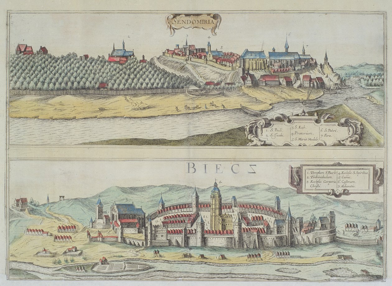 Vistas de Sendomiria e Biecz, de &39;Civitates Orbis Terrarum&39; por Georg Braun (1541-1622) e Frans Hogenberg (1535-90) de Joris Hoefnagel