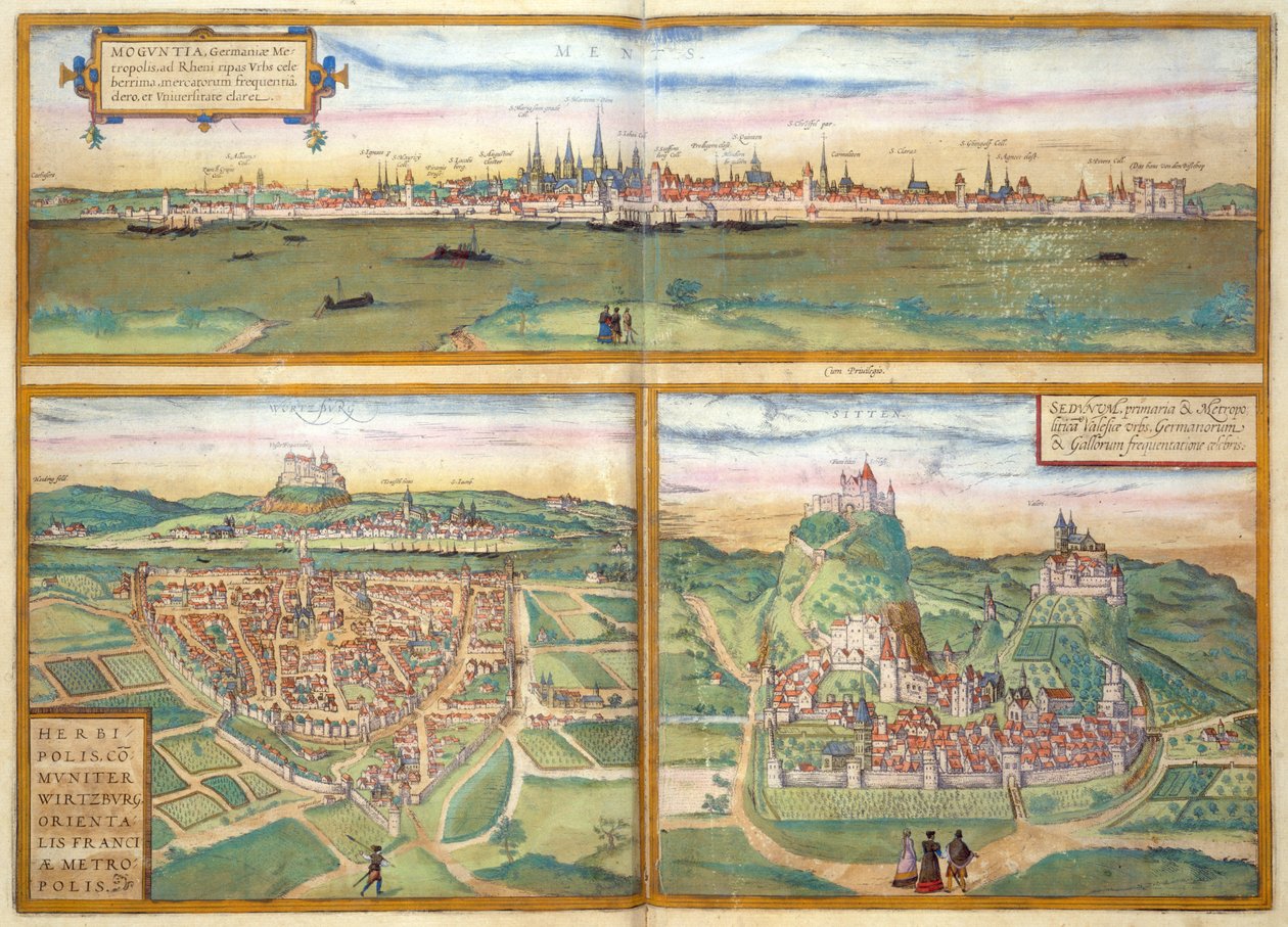 Metz, Wurtzburg e Sittensen, de Civitates Orbis Terrarum por Georg Braun (1541-1622) e Frans Hogenburg (1535-90), c.1572 de Joris after Hoefnagel