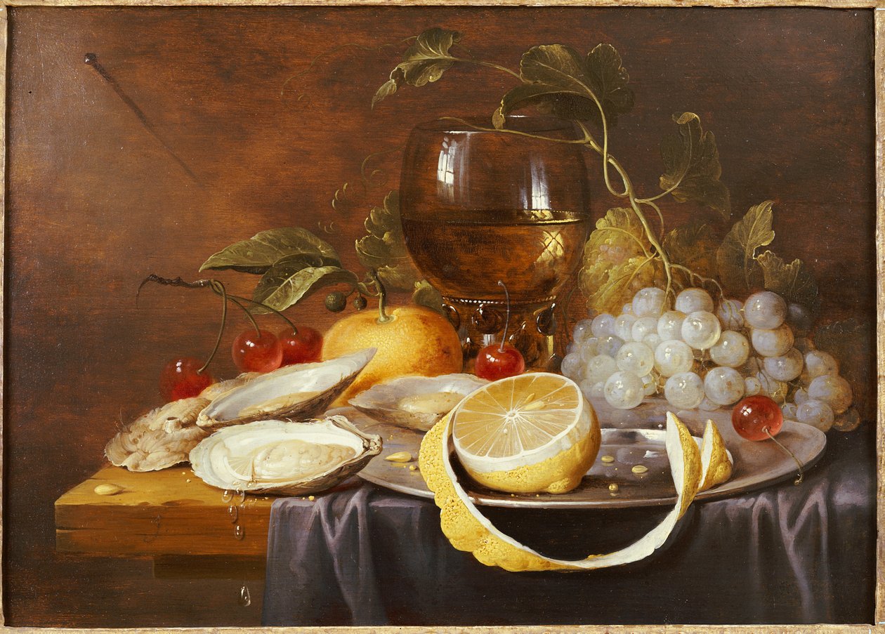 Um Roemer, meio limão descascado em um prato de estanho, ostras, cerejas e uma laranja em uma mesa coberta de Joris van Son