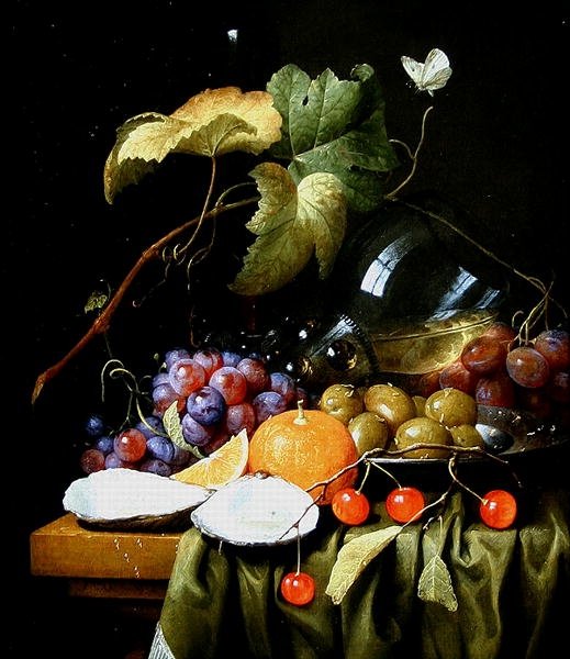 Uma vida ainda de frutas, videiras e uma ostra de Joris van Son