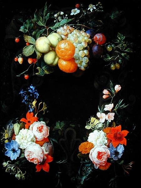 Laranjas, pêssegos, uvas, ameixas, morangos, framboesas e outras frutas com rosas, madressilva e outras flores de Joris van Son