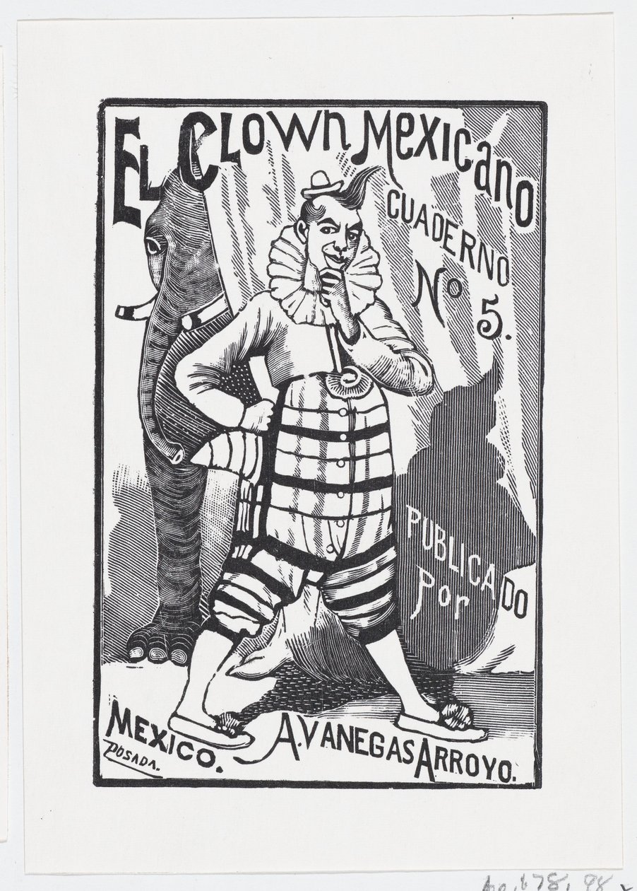 Um palhaço de pé com uma mão na anca e um elefante a espreitar por trás..., ca. 1880-1910. de José Guadalupe Posada