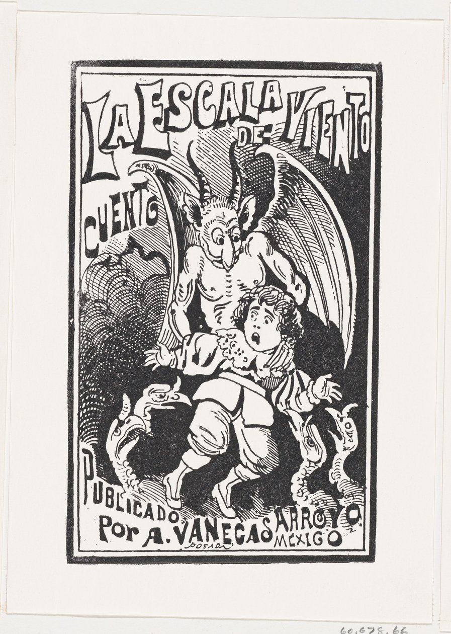 Um demônio segurando um garoto pelos ombros sobre um grupo de abutres, ilustração..., ca. 1880-1910. de José Guadalupe Posada
