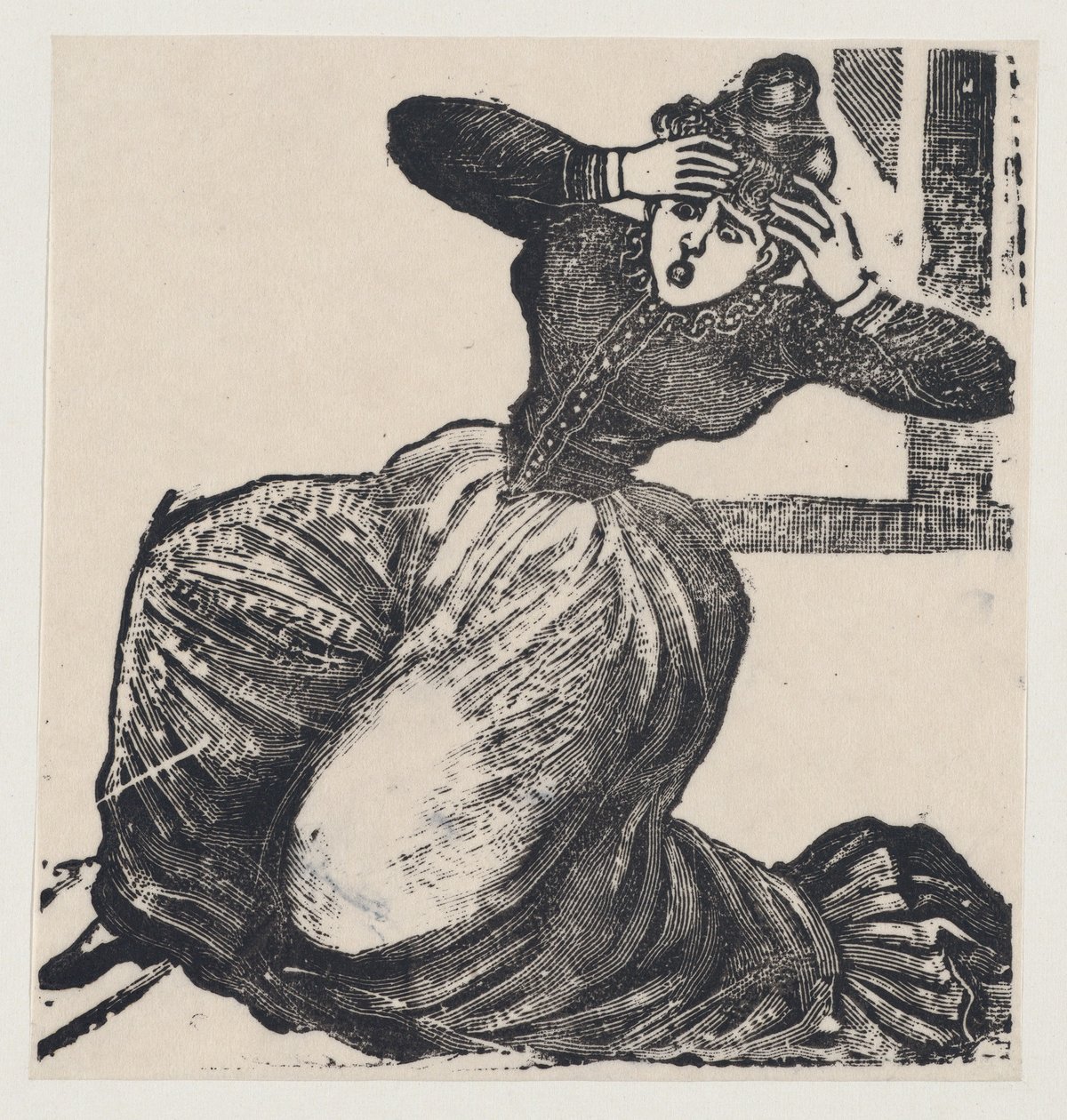 Uma mulher a ofegar no chão com as mãos erguidas até à cabeça, de um lado largo intitulado..., 1893. de José Guadalupe Posada
