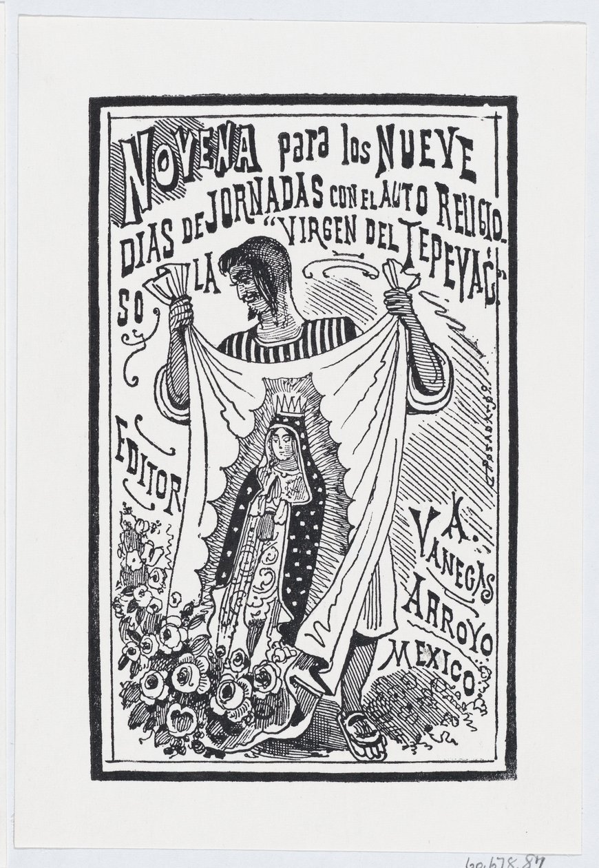 Um homem segurando um pedaço de tecido com uma imagem da Virgem, ilustração para ..., ca. 1880-1910. de José Guadalupe Posada