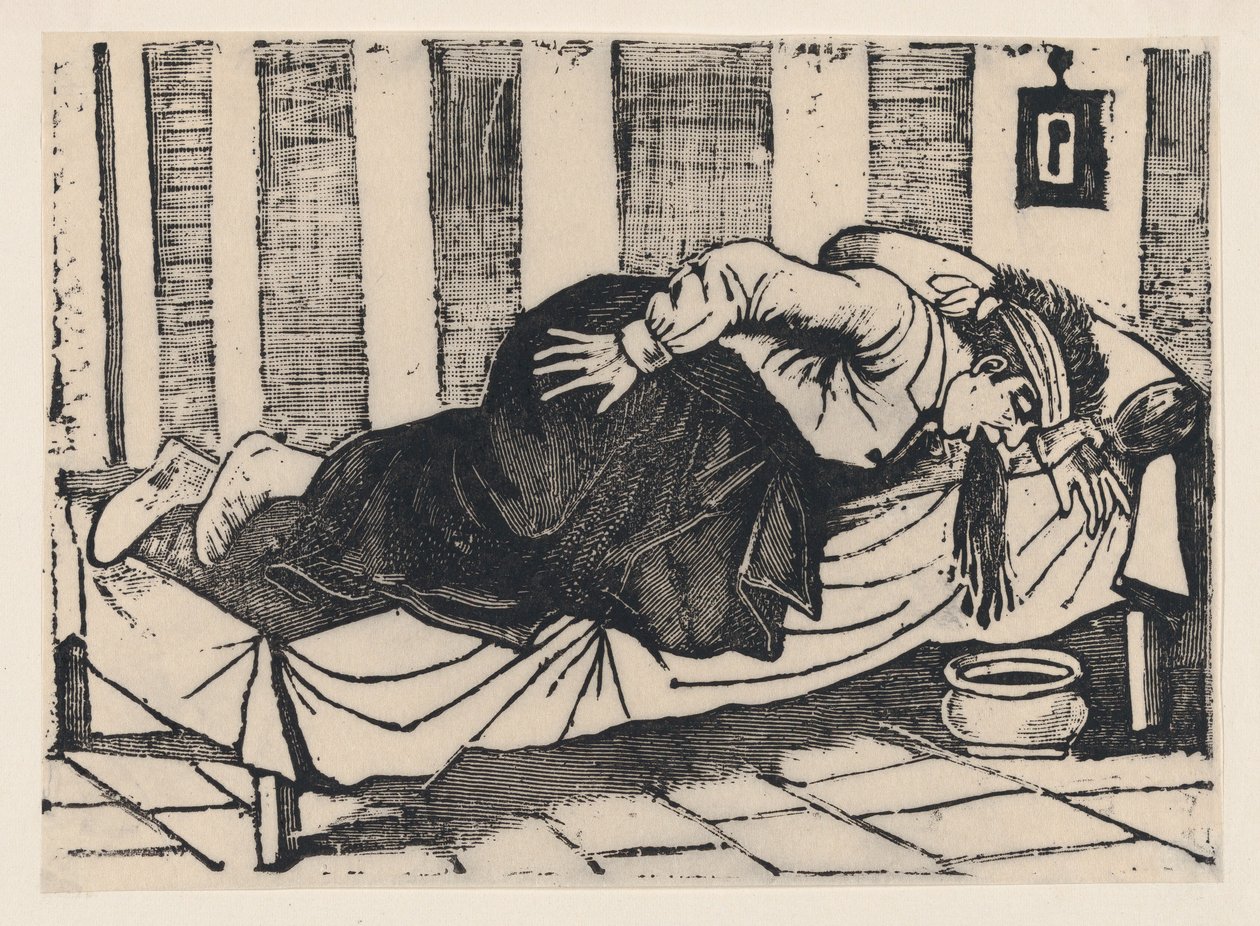 Um homem debruçado ao lado de uma cama vomitando, de um costado intitulado 