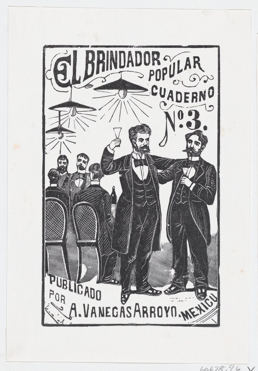 Um homem levantando seu copo com um grupo de homens sentados em uma mesa ao fundo,..., ca. 1890-1899. de José Guadalupe Posada