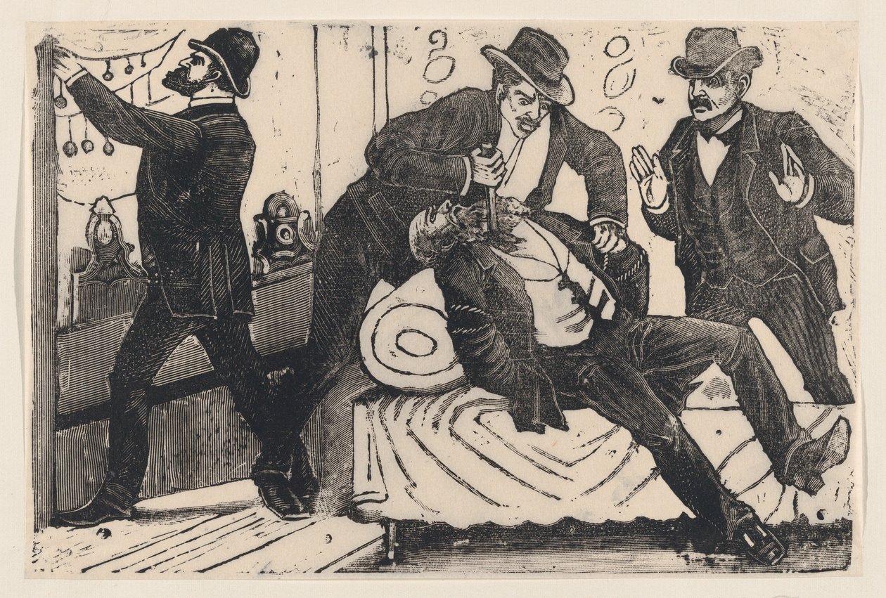 Um homem esfaqueando outro homem no peito enquanto seus associados saqueiam uma loja, de um..., ca. 1890-1891. de José Guadalupe Posada