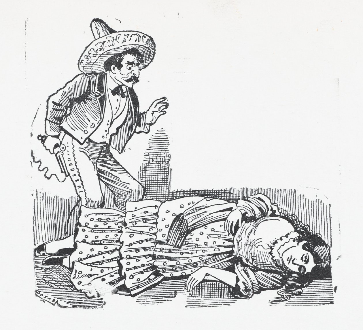Um homem com uma arma apontada a uma mulher que acabou de alvejar, ca. 1880-1910., ca. 1880-1910. de José Guadalupe Posada