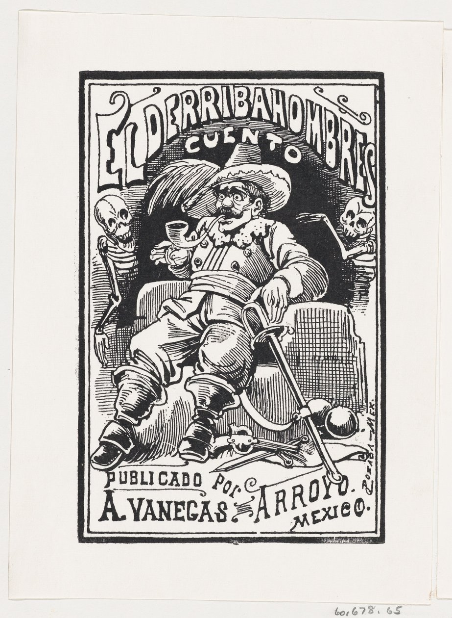 Um homem com armas e um cano na boca flanqueado por dois esqueletos, ilustração..., ca. 1880-1910. de José Guadalupe Posada