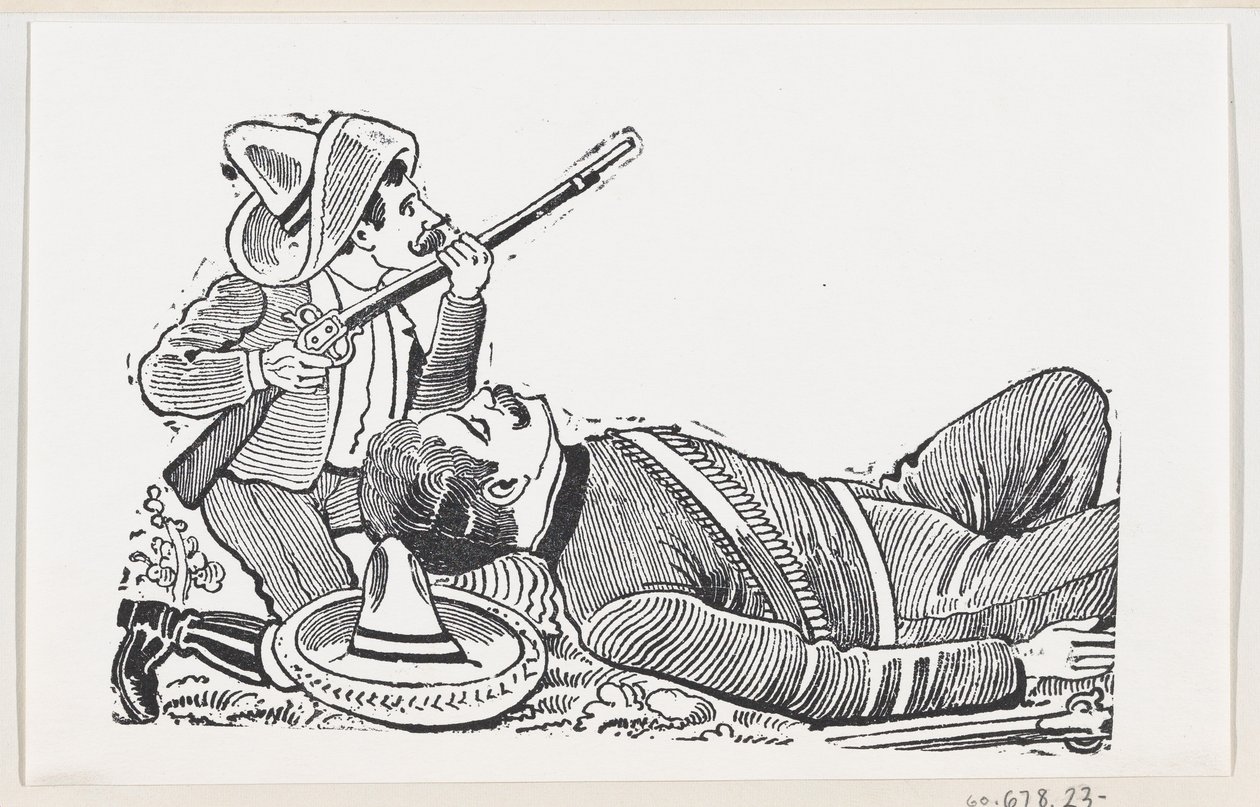 Um revolucionário segurando uma espingarda e ajoelhando-se para proteger um revolucionário caído, c..., ca. 1880-1910. de José Guadalupe Posada