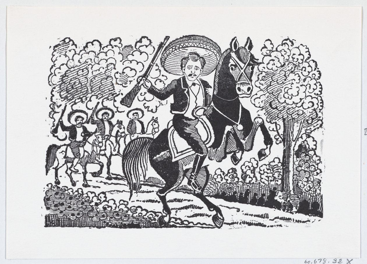 Um soldado revolucionário a cavalo com um rifle Heraclio Bernal, ca. 1880-1910., c. 1880-1910. de José Guadalupe Posada
