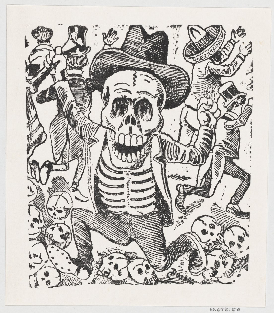 Um esqueleto segurando um osso e saltando sobre uma pilha de crânios enquanto as pessoas fogem, fr..., ca. 1907. de José Guadalupe Posada