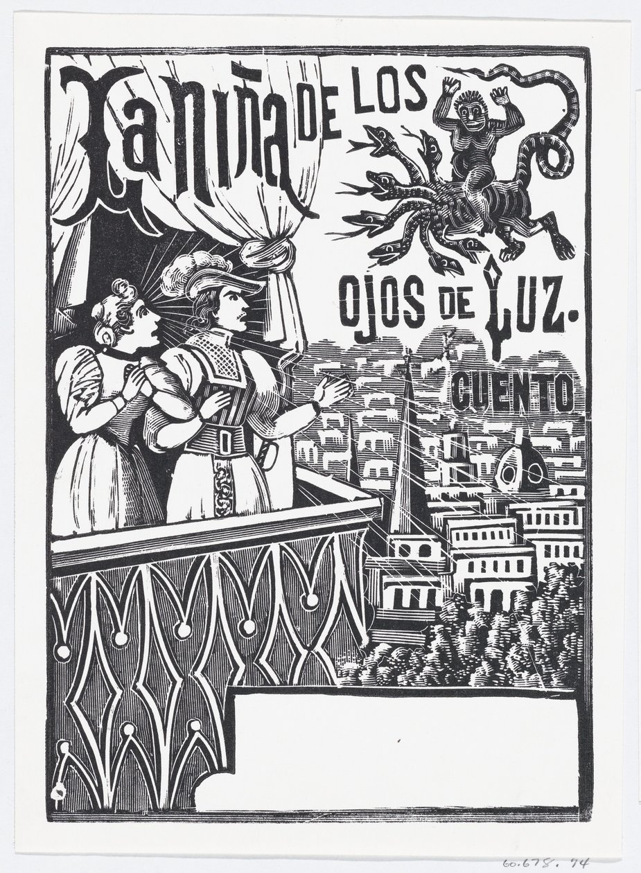 Uma mulher e um homem de pé em uma varanda olhando para um monstro voador no céu..., ca. 1880-1910. de José Guadalupe Posada