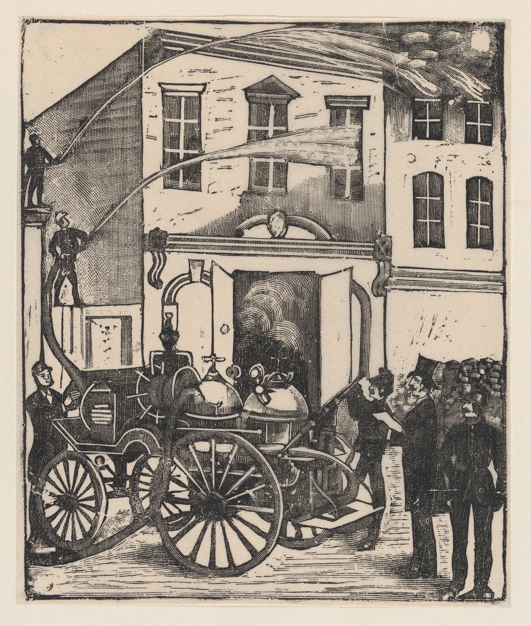 Bombeiros a apagar um incêndio numa casa, camião dos bombeiros em primeiro plano, ca. 1880-1910., ca. 1880-1910. de José Guadalupe Posada