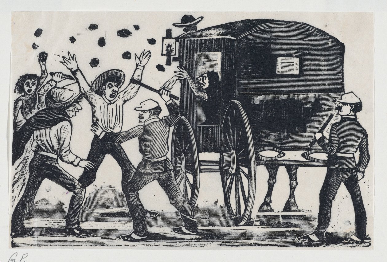 Homens lutando perto de um cavalo e carruagem, ca. 1900-1910., c. 1900-1910. de José Guadalupe Posada