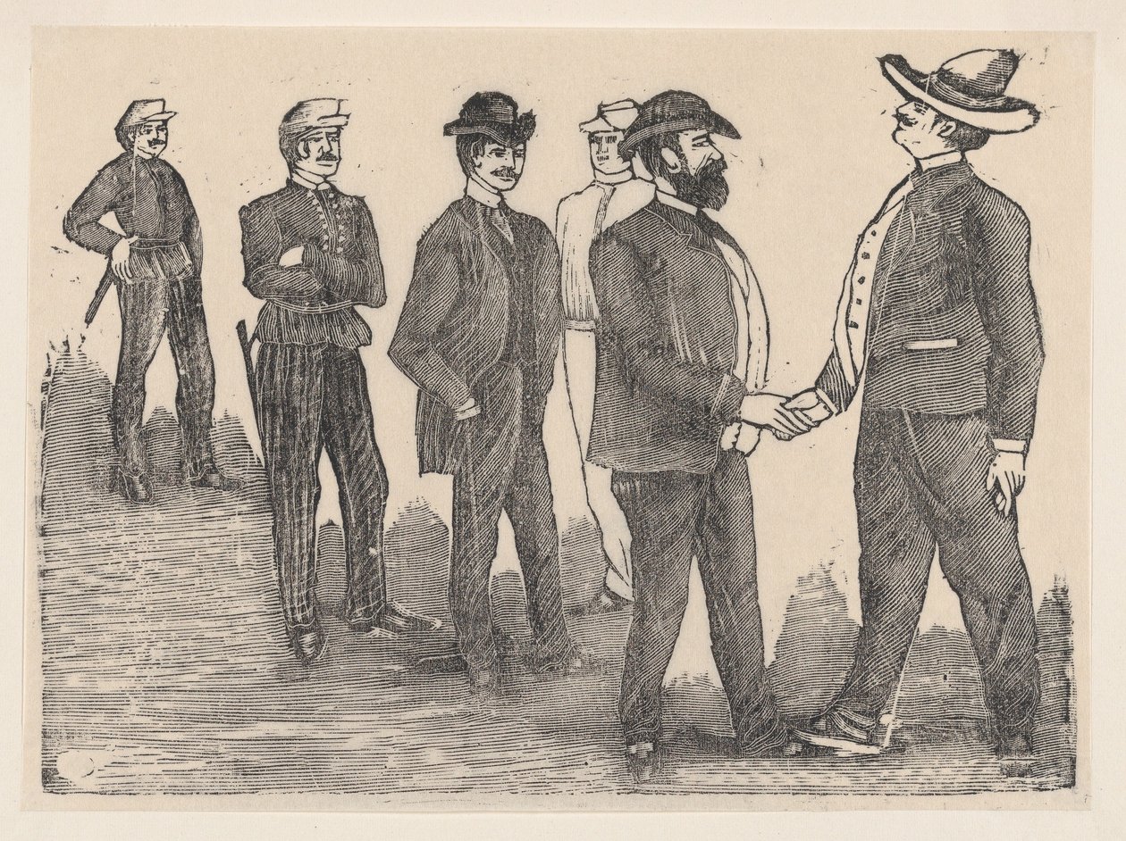 Dois homens apertando as mãos em primeiro plano e oficiais observando-os ao fundo..., ca. 1880-1910. de José Guadalupe Posada