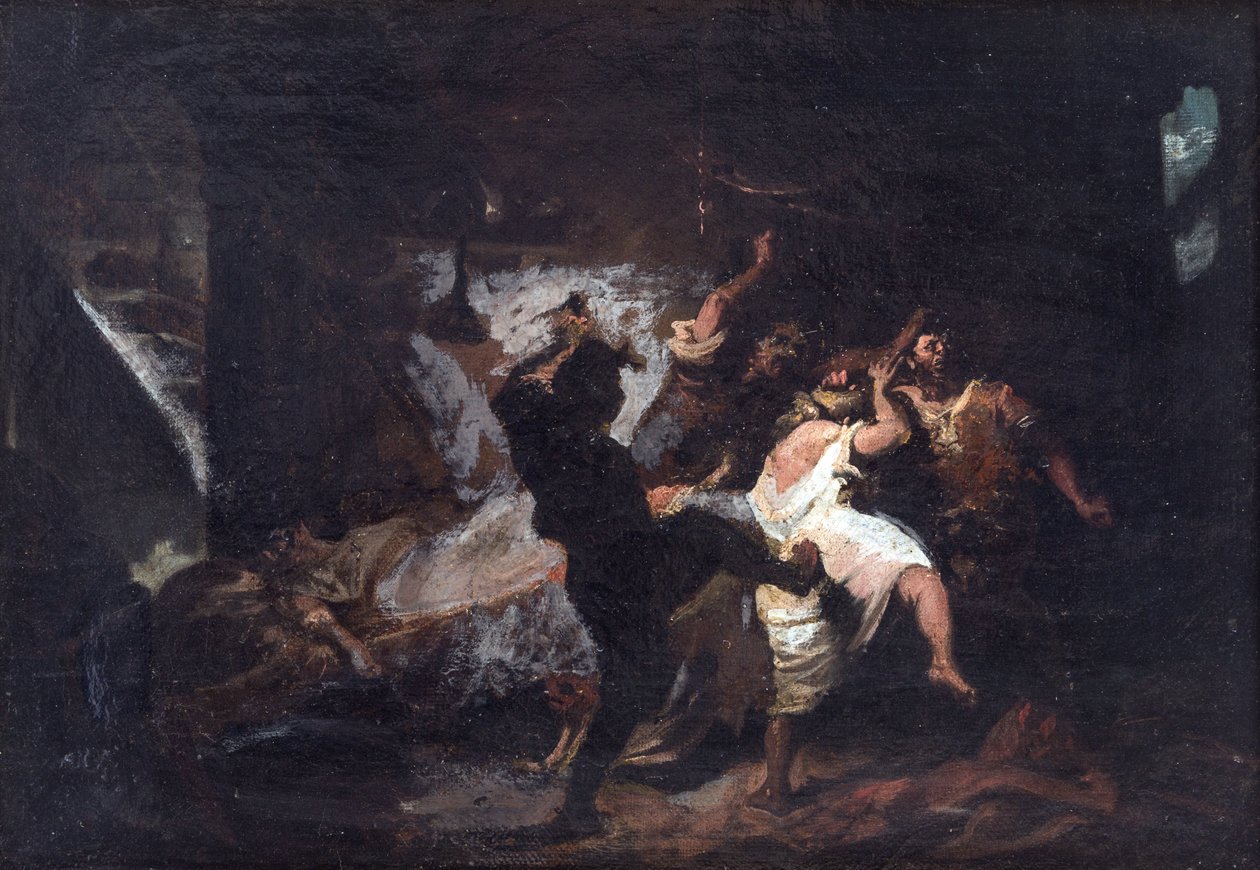 Cena extraída de Don Quichotte de Cervantes - Cena de Don Quijote de la Mancha de M. de Cervantes, de Jimenez Aranda, Jose (1837-1903). Óleo sobre tela de José Jiménez Aranda
