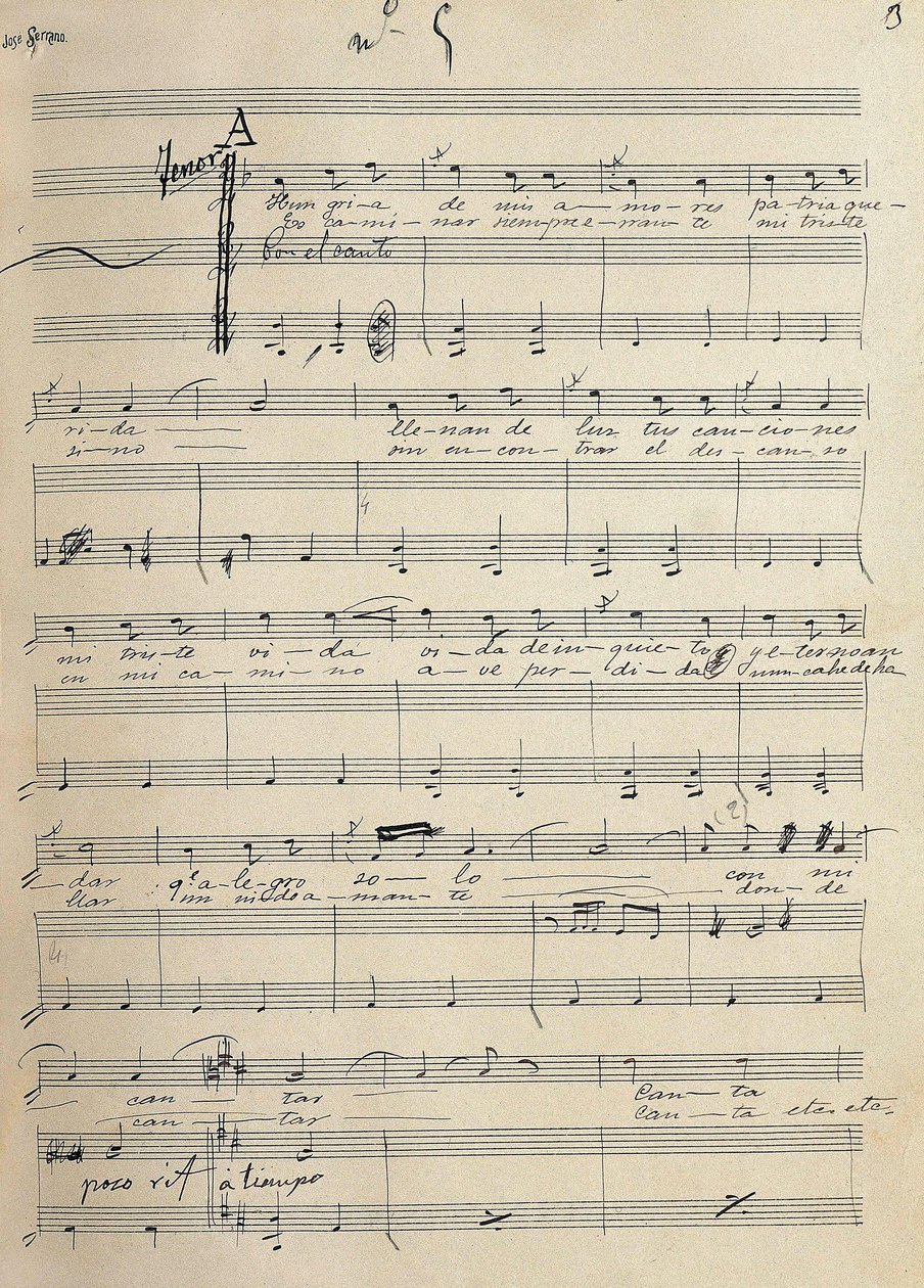 Manuscrito original de romance para tenor da zarzuela, "Alma de Dios", de José Serrano (1873-1941) de José Serrano