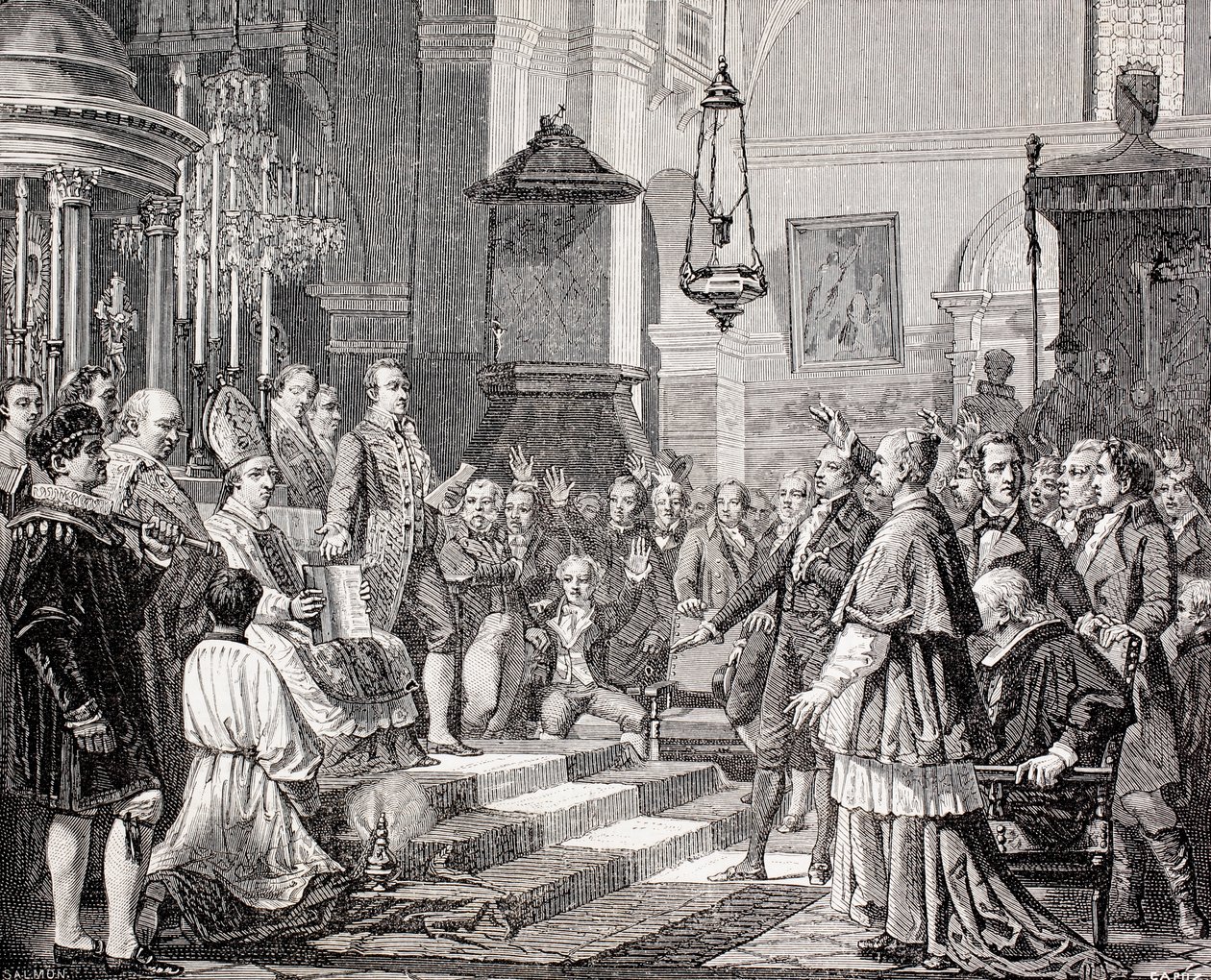Juramento dos deputados durante a sessão de abertura das Cortes de Cádiz, Espanha, 1810, do Museu Universal, gravado por Tomas Carlos Capuz (1834-1899) e Salmon, publicado em 1862 de Jose Casado de Alisal