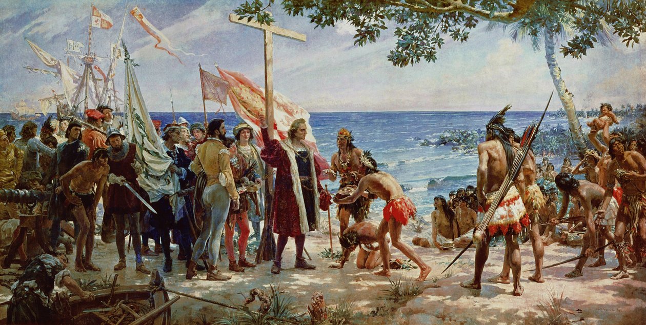 O desembarque de Cristóvão Colombo na ilha de Guanahani em 1492, c.1890 de Jose Garnelo y Alda