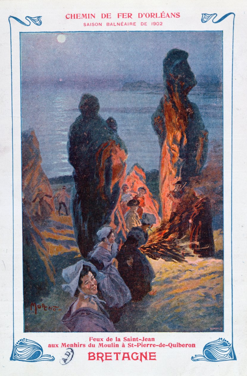 Fogueiras acesas para celebrar o solstício de verão em Saint-Pierre-de-Quiberon, Bretanha, anúncio de propaganda para Orleans Railway, 1902 de Jose Moreno Carbonero
