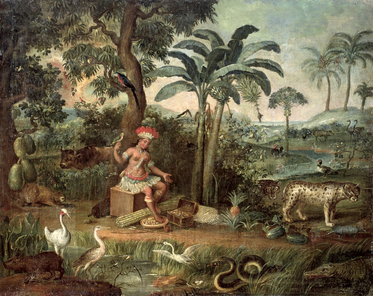 Índio nativo em uma paisagem com animais de Jose Teofilo de Jesus