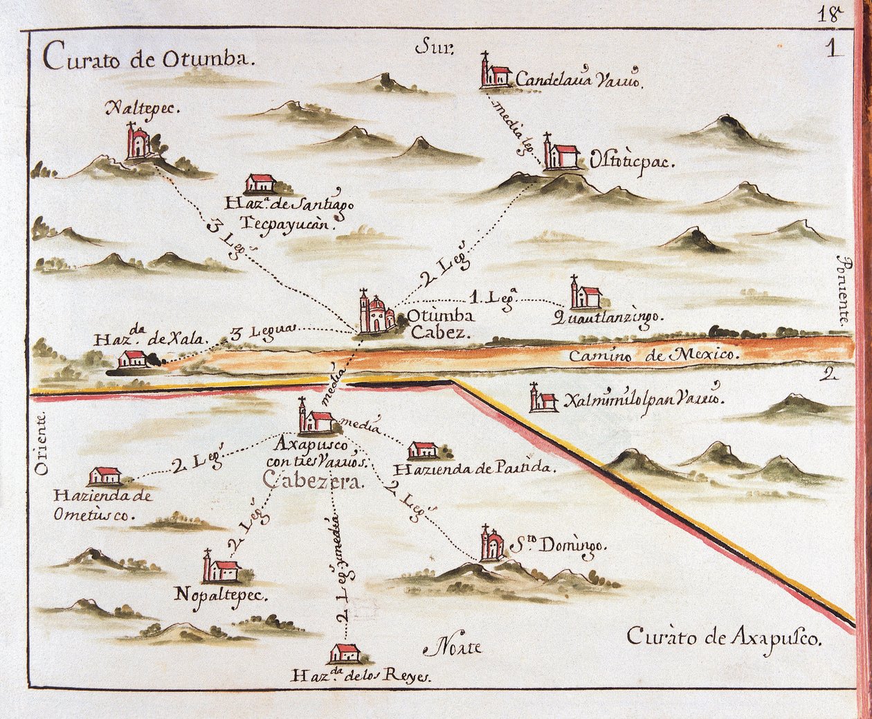 ALZATE, José António (1737-1799). Cientista e escritor. Plano da Arquidiocese do México. Paróquia de Otumba (Otumba ou Ozumba) e Paróquia de Axapulco (Acapulco). 1767. Gravura de José António Alzate. Gravura. ESPANHA. CASTELA-LA-MANCHA. Toledo. Estado P de Jose Antonio Alzate