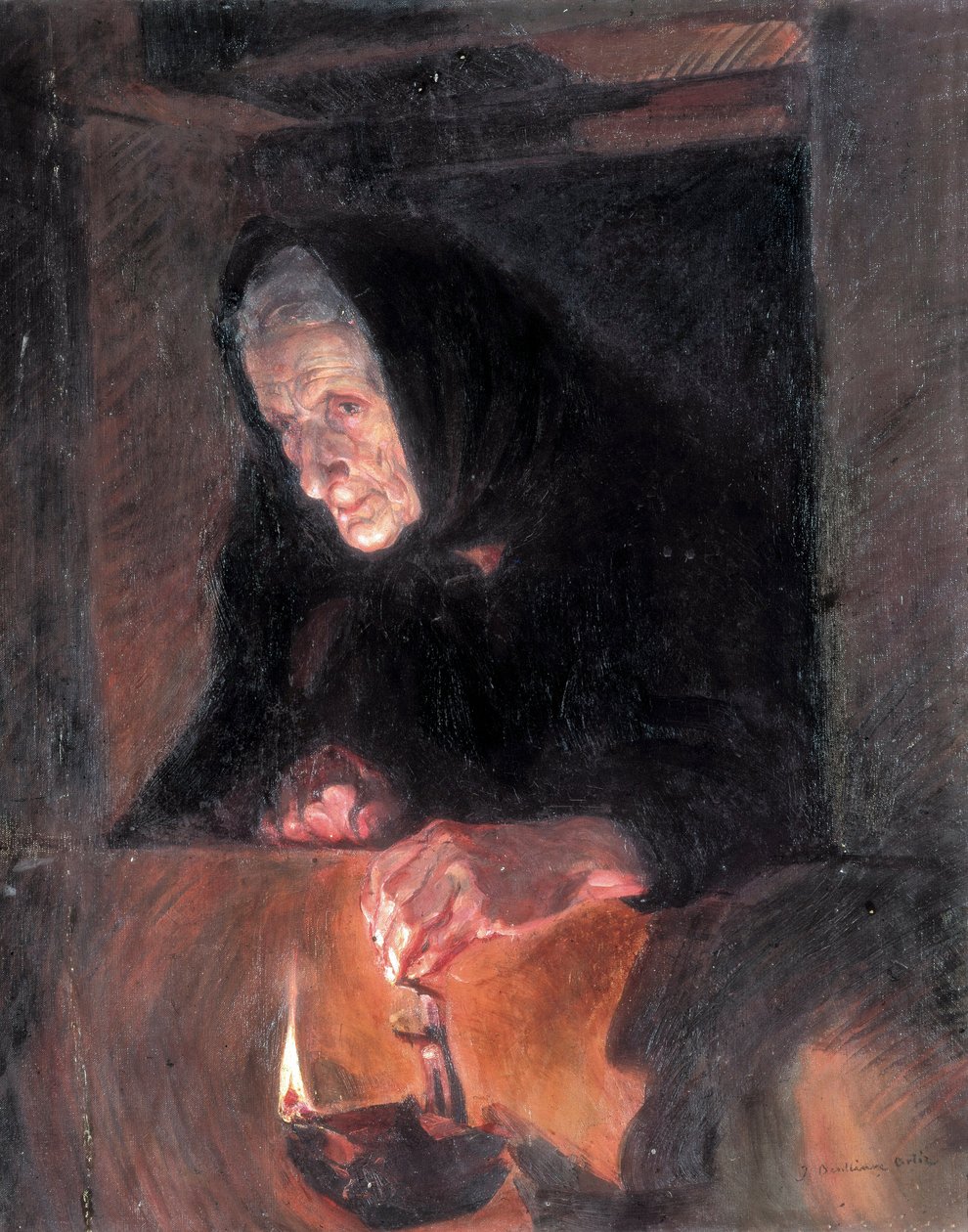 A velhota tem a lâmpada de petróleo. Pintura por José BENLLIURE ORTIZ (1884-1916) Óleo sobre tela. Valência. Museu de Bellas Artes San Pio V. de Jose Benlliure Ortiz