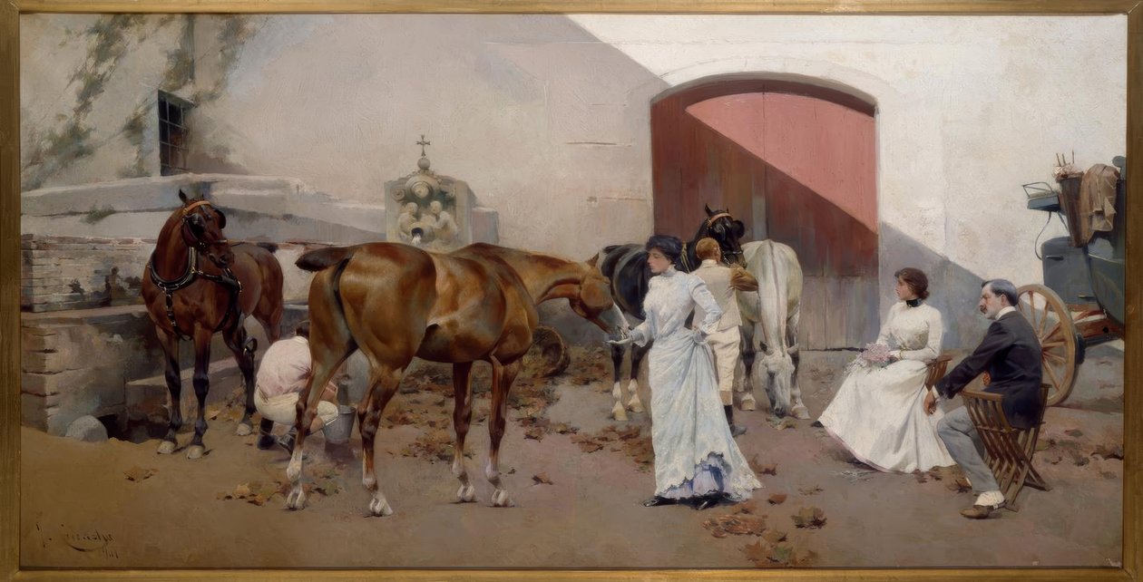 J.Cusachs y Cusachs, Pferdewechsel - pintura, 1901 de Jose Cusachs y Cusachs