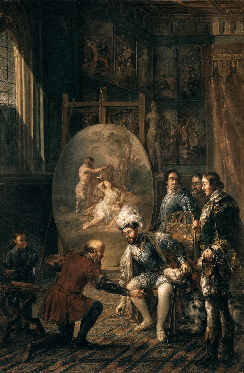 "Imperador Carlos V (1500-1558) pegando o pincel do pintor Tiziano Vecellio, conhecido como Ticiano (1485-1576), pintor na corte do imperador" Pintura de José Felipe Parra (1824-1864) Século XIX Valência, Museo de Bellas Artes San Pio V de Jose Felipe Parra