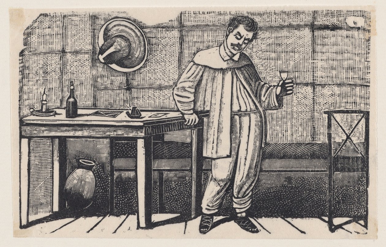 Um homem com um copo na mão, olhando para baixo e apoiado numa mesa, uma ilustração de «El huérfano» de José Guadalupe Posada