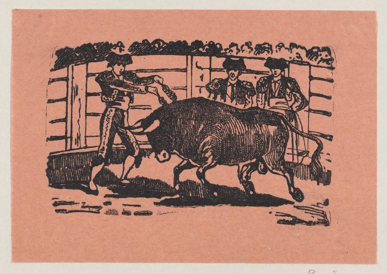 Ein Torero platziert Banderillas in die Schultern des Stiers, während zwei Männer hinter dem Stier stehen de José Guadalupe Posada